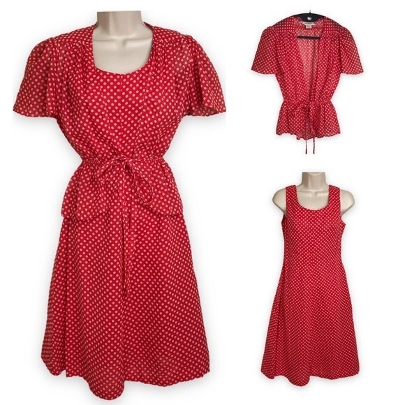 Vintage Gay Gibson Two Piece Red Polka Dot Sheath Dress and Jacket Womens Small - Picture 1 of 16